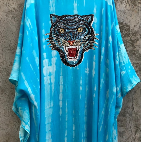 WILD NOMAD Jackets & Blazers - Ibiza Kimono Bikini Cover Up Blue Tiger Sequins